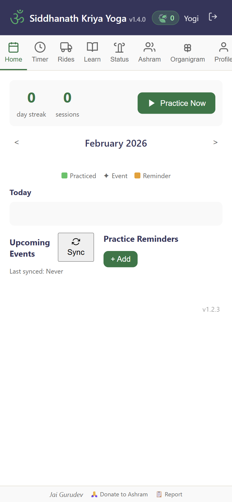 Home tab — practice calendar and streak tracker