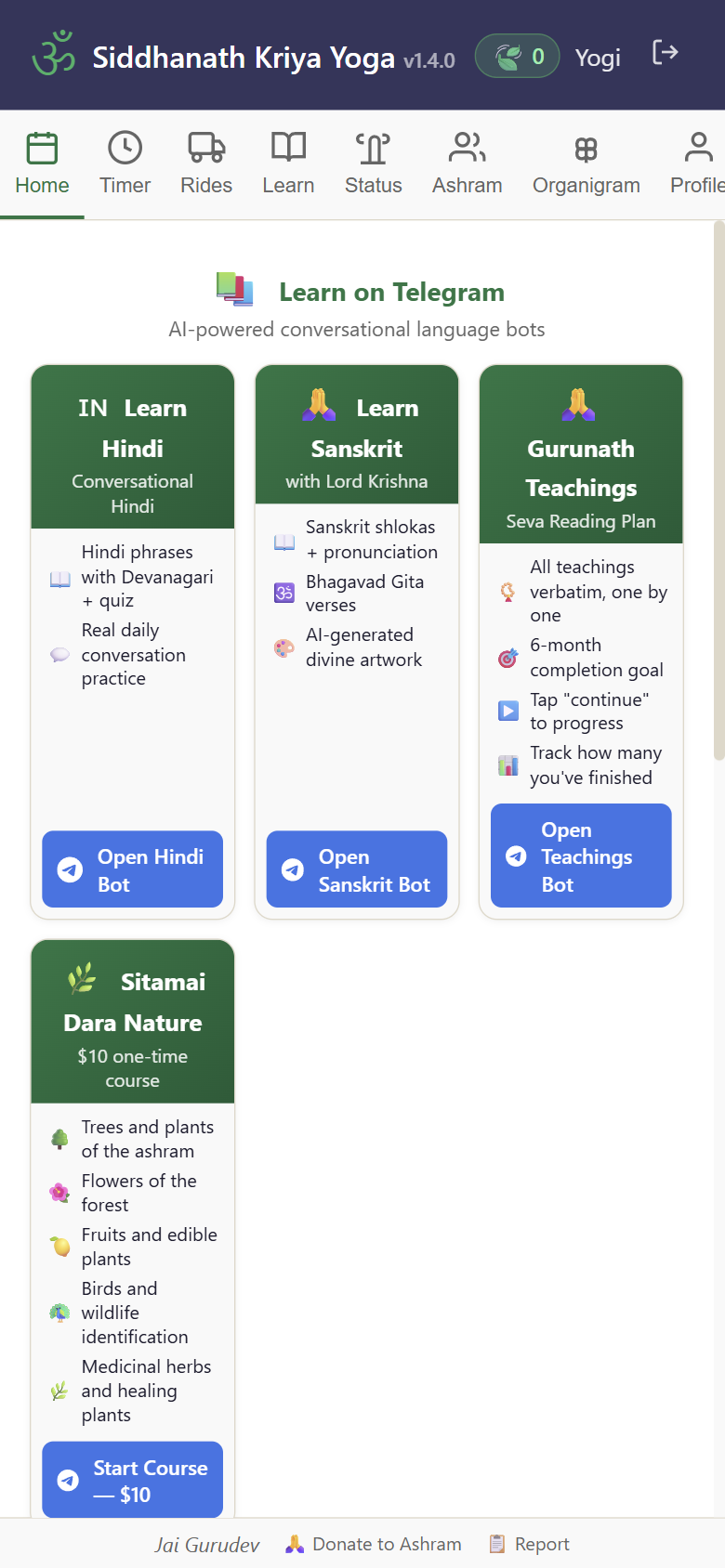 Learn tab — Sanskrit and Hindi bots