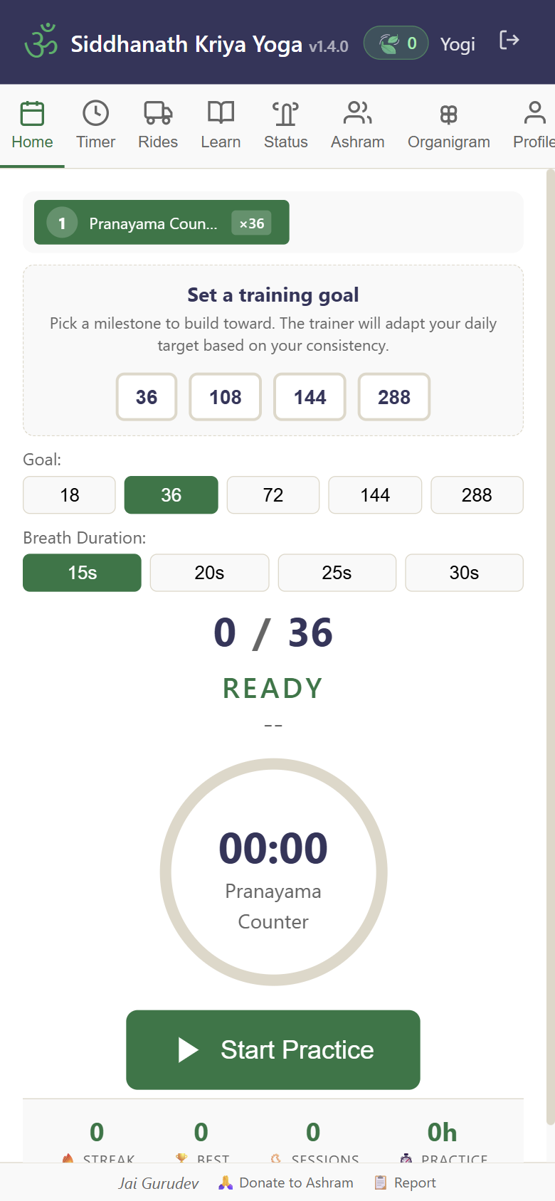 Timer tab — Kriya practice timer